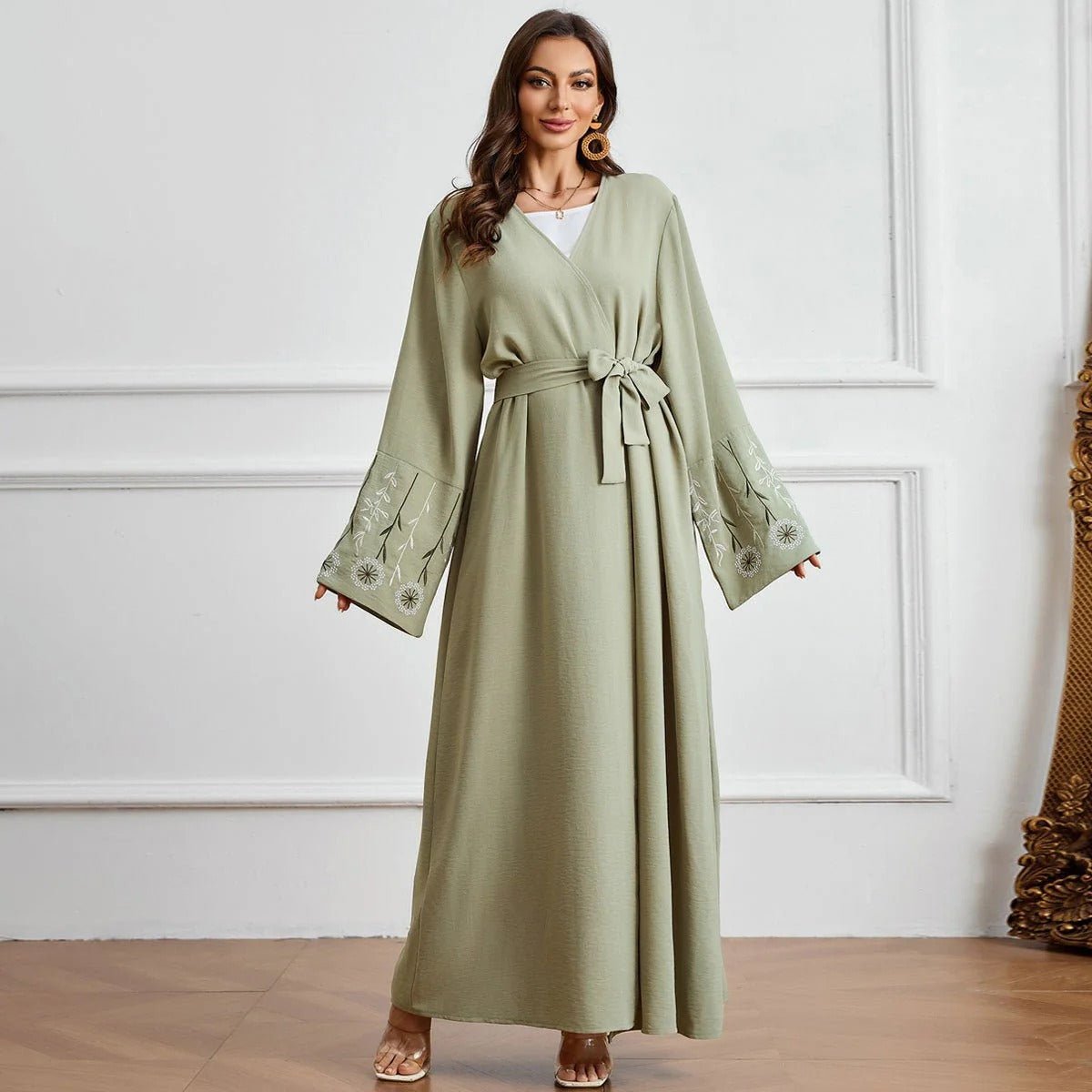 Olive Green Embroidered Abaya Set | Muslim Fashion Cardigan with Belt & Floral Embroidery (MOA166) - Mariam's Collection