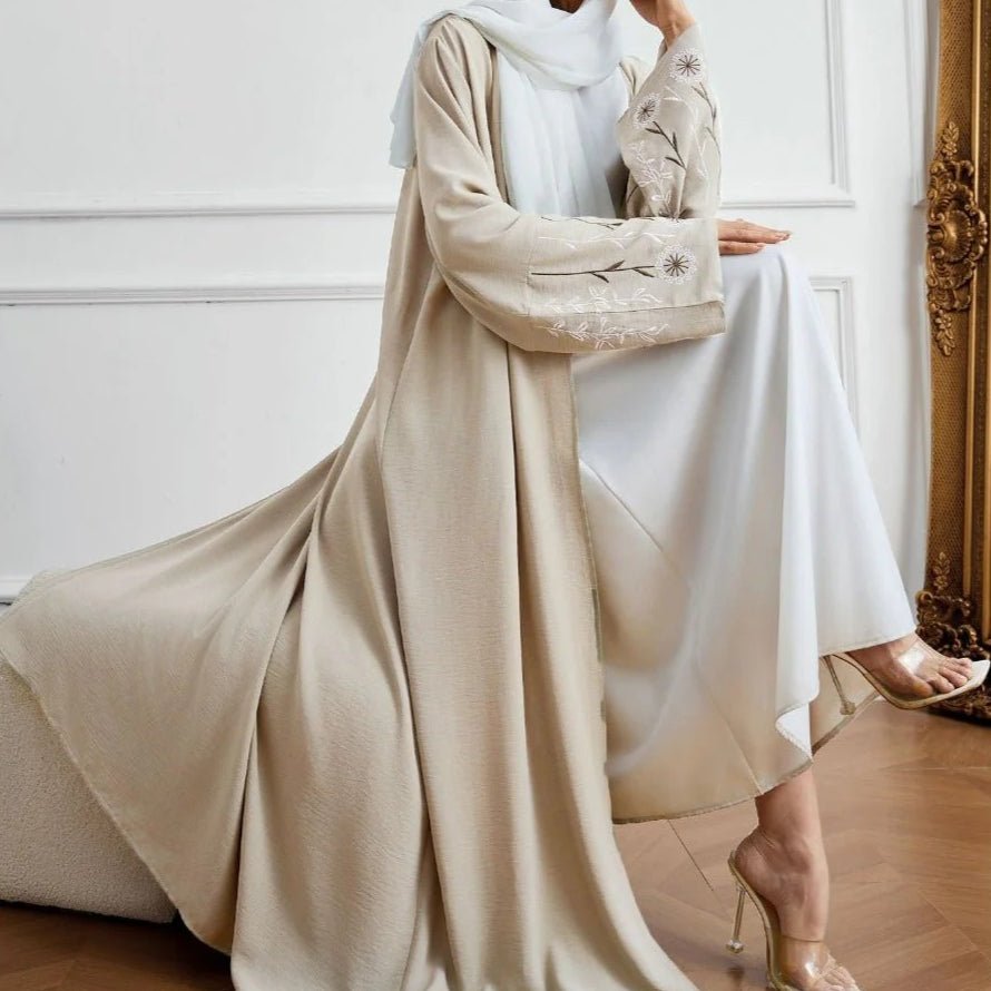 Olive Green Embroidered Abaya Set | Muslim Fashion Cardigan with Belt & Floral Embroidery (MOA166) - Mariam's Collection