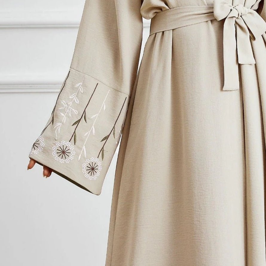 Olive Green Embroidered Abaya Set | Muslim Fashion Cardigan with Belt & Floral Embroidery (MOA166) - Mariam's Collection