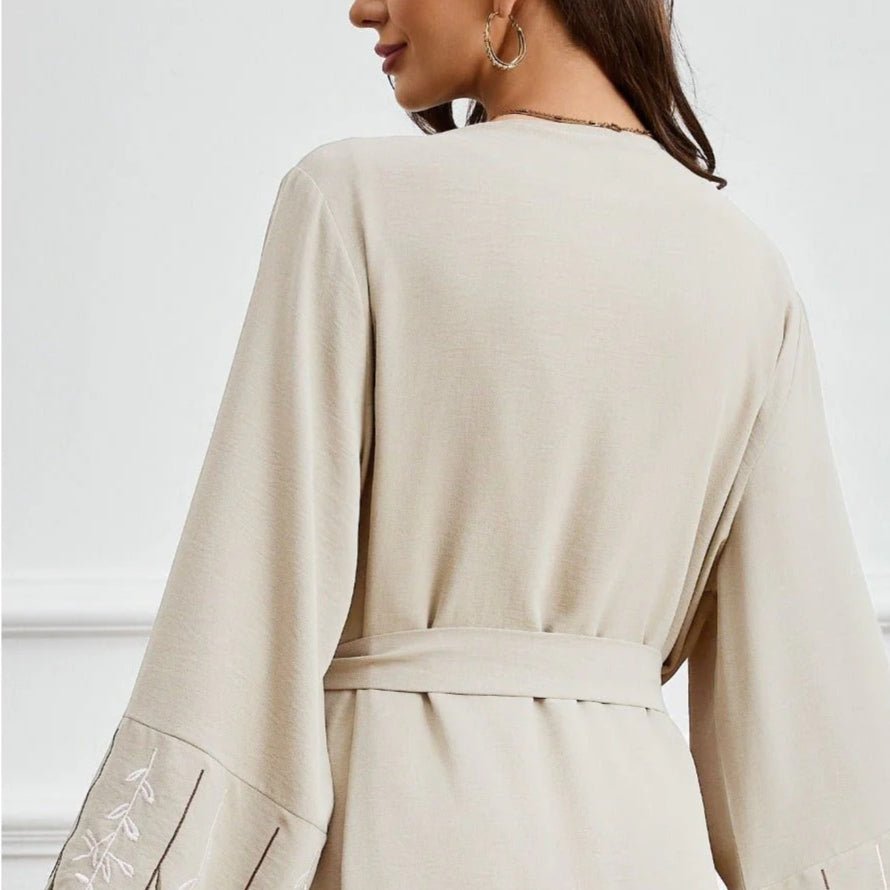 Olive Green Embroidered Abaya Set | Muslim Fashion Cardigan with Belt & Floral Embroidery (MOA166) - Mariam's Collection