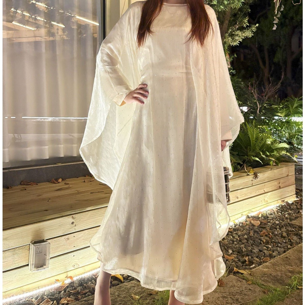 Olive Green Sequin Abaya Dress | Starry Night 2-Piece Maxi Dress with Flowing Cape (MA243), Green / L