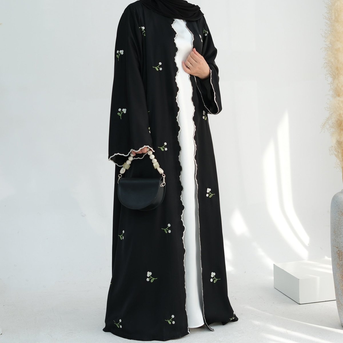 Open Abaya With Flower Embroidery | Floral Embroidered Elegant Open Abaya (MOA101) - Mariam's Collection
