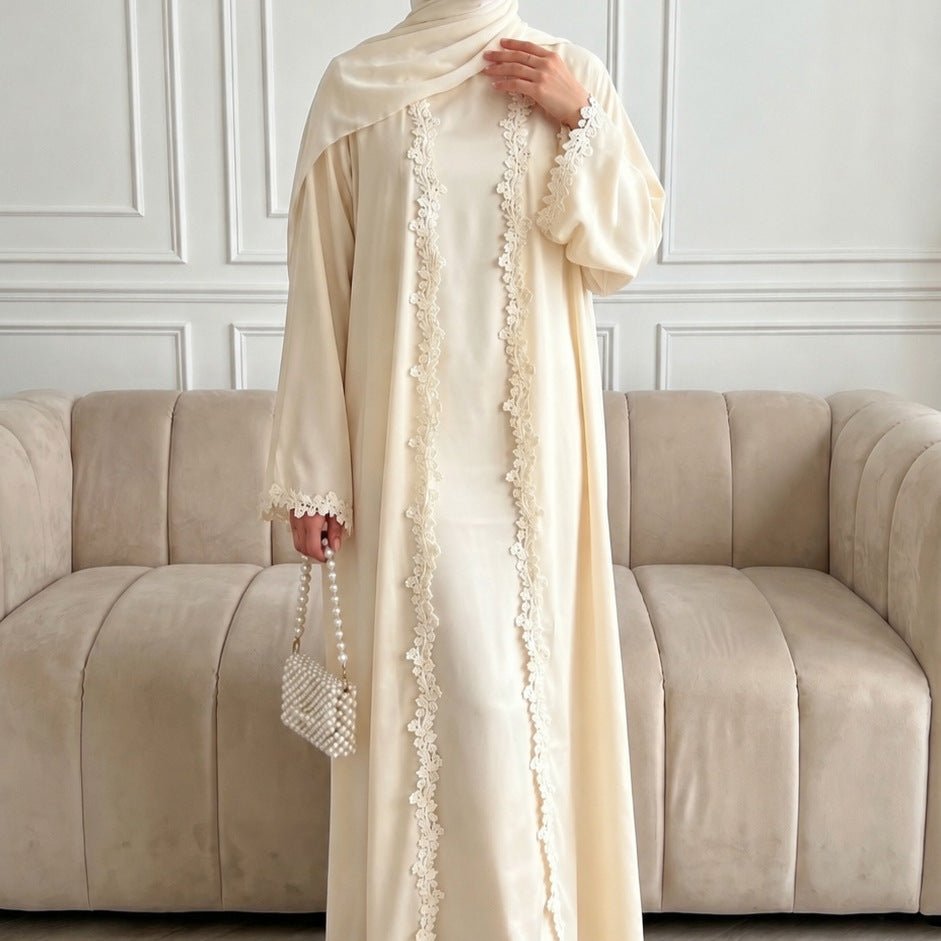 Open Front Abaya with 3D Floral Lace Trim(MOA318) - Mariam's Collection