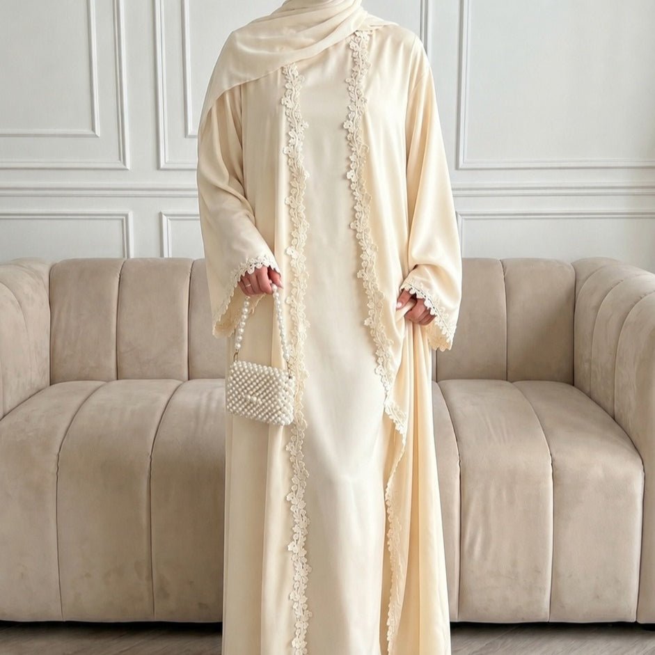 Open Front Abaya with 3D Floral Lace Trim(MOA318) - Mariam's Collection