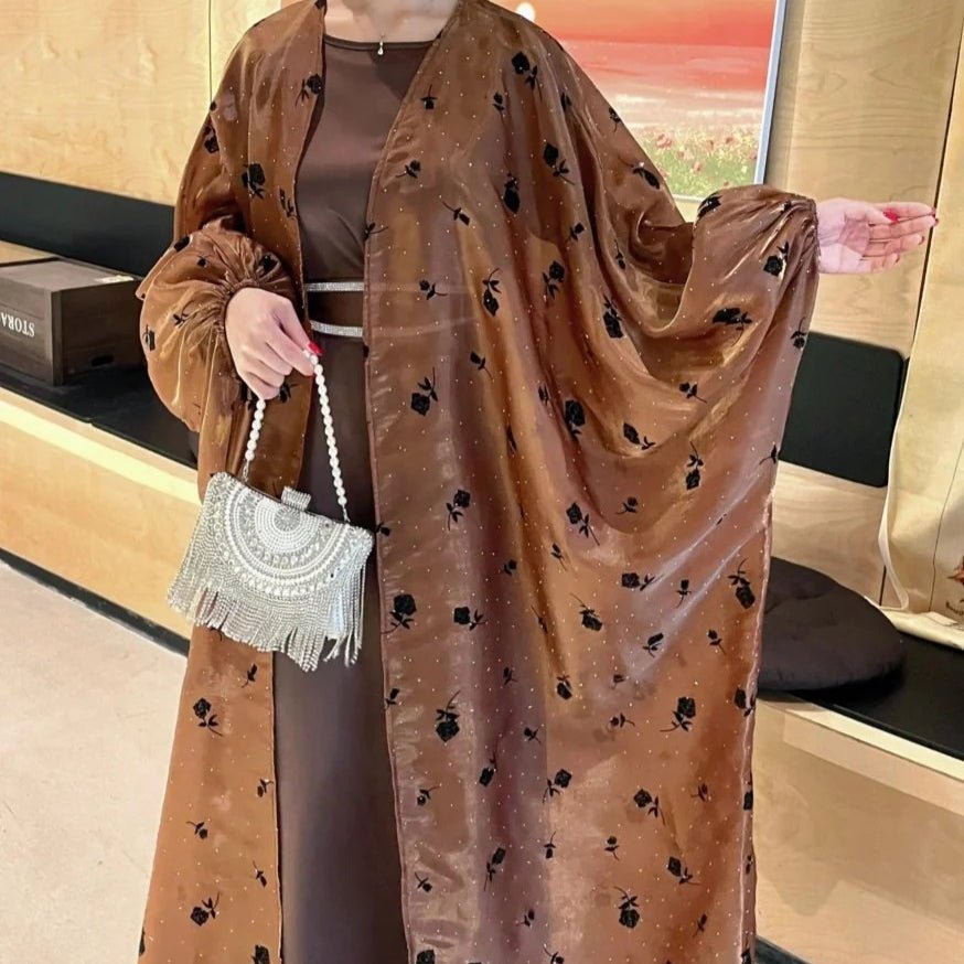 Organza Rose Flower Embroidery Butterfly Open Abaya (MOA115) - Mariam's Collection