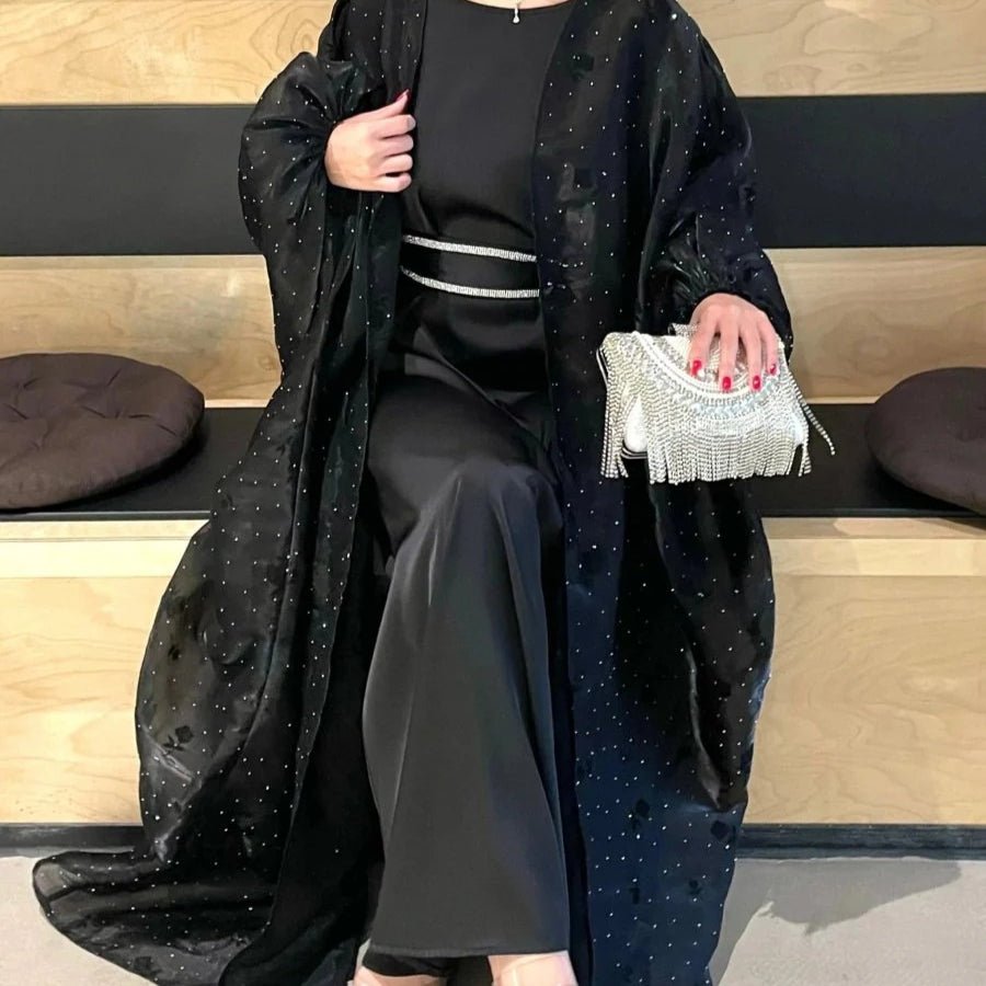 Organza Rose Flower Embroidery Butterfly Open Abaya (MOA115) - Mariam's Collection