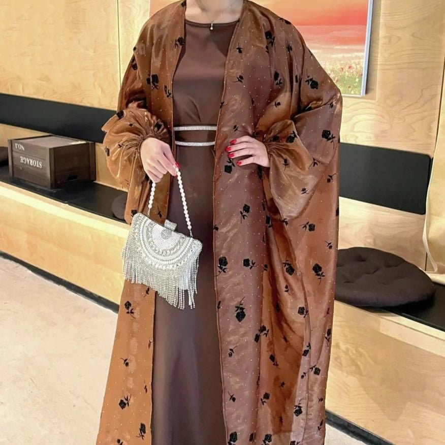 Organza Rose Flower Embroidery Butterfly Open Abaya (MOA115) - Mariam's Collection