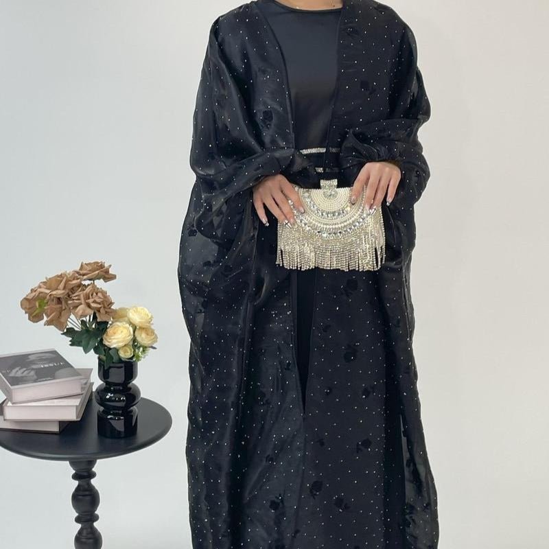 Organza Rose Flower Embroidery Butterfly Open Abaya (MOA115) - Mariam's Collection