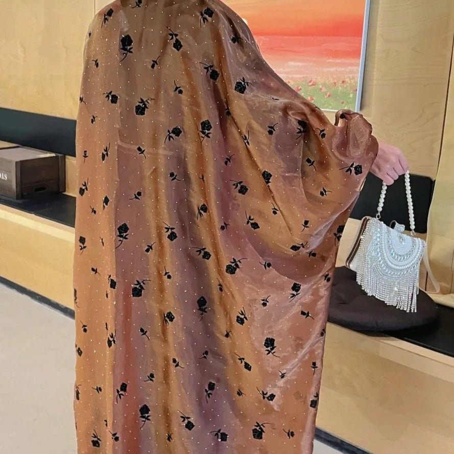 Organza Rose Flower Embroidery Butterfly Open Abaya (MOA115) - Mariam's Collection