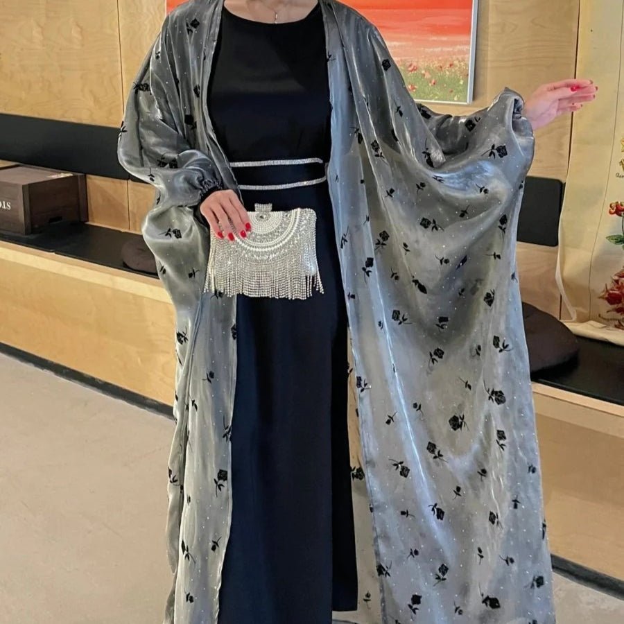 Organza Rose Flower Embroidery Butterfly Open Abaya (MOA115) - Mariam's Collection