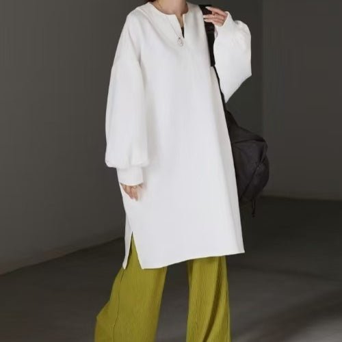 Oversized Cotton Sweatshirt Tunic | V - Neck Long Sleeve Pullover Top(MS210) - Mariam's Collection