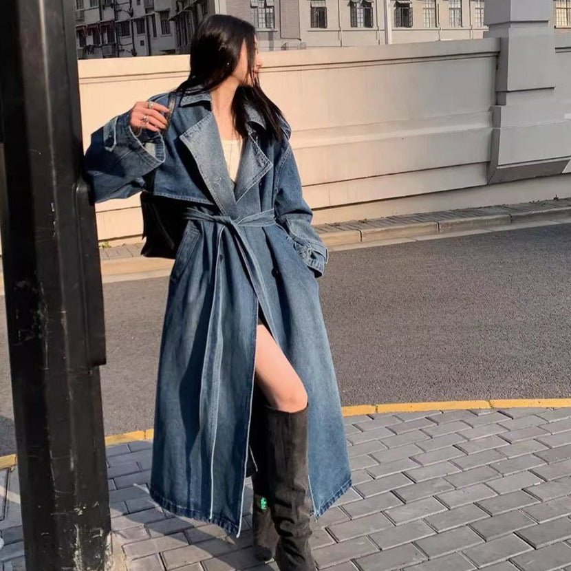 Oversized Denim Trench Coat | Belted Long Jacket with Notched Lapels(MS200) - Mariam's Collection