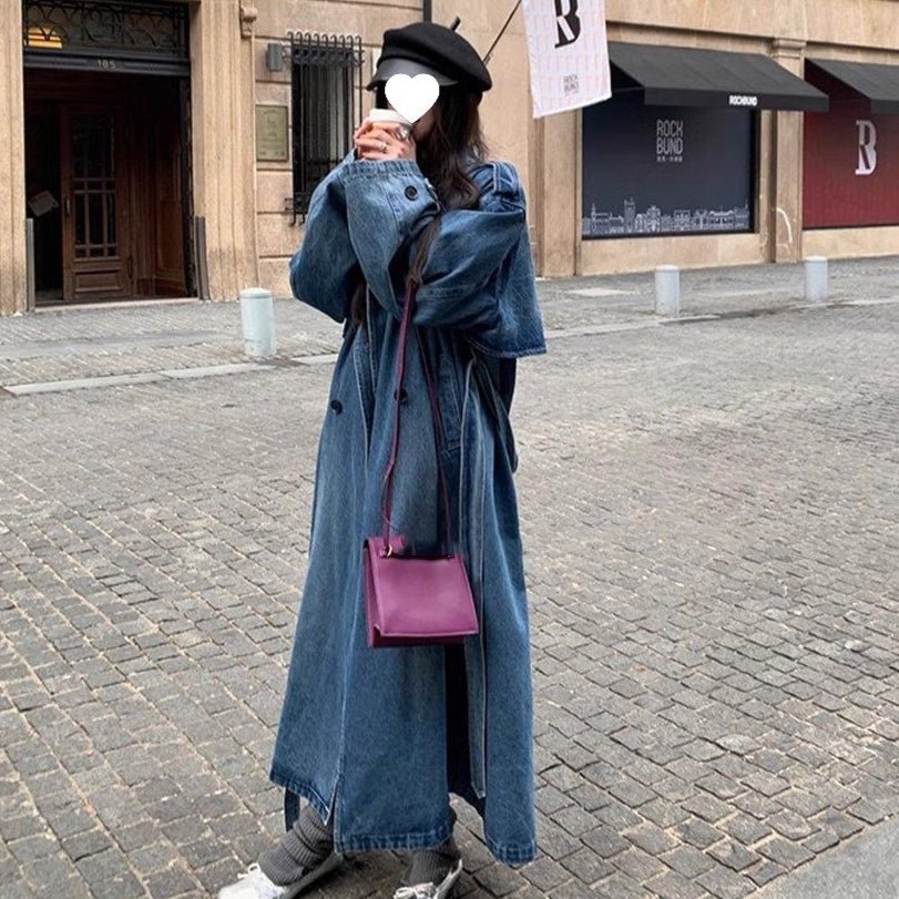 Oversized Denim Trench Coat | Belted Long Jacket with Notched Lapels(MS200) - Mariam's Collection