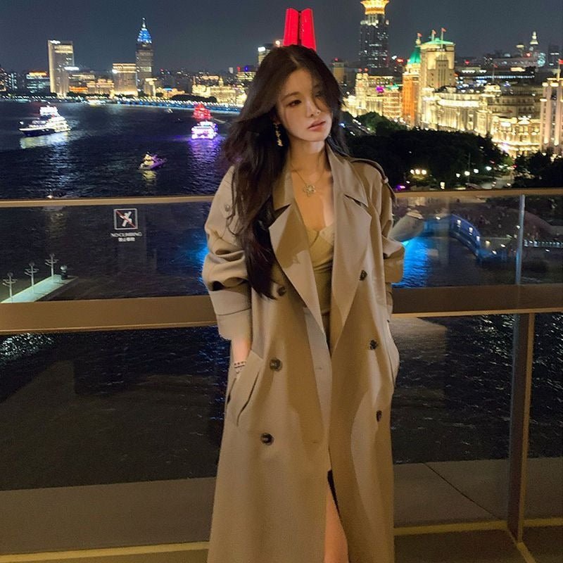 Oversized Mid - Length Trench Coat | Double - Breasted Cape Back Design(MS147) - Mariam's Collection