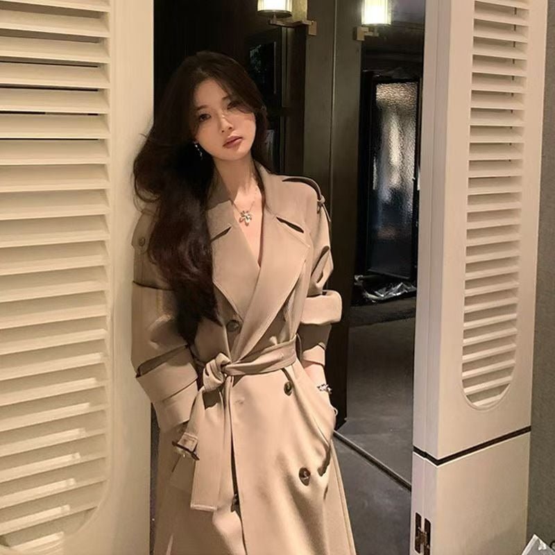 Oversized Mid - Length Trench Coat | Double - Breasted Cape Back Design(MS147) - Mariam's Collection