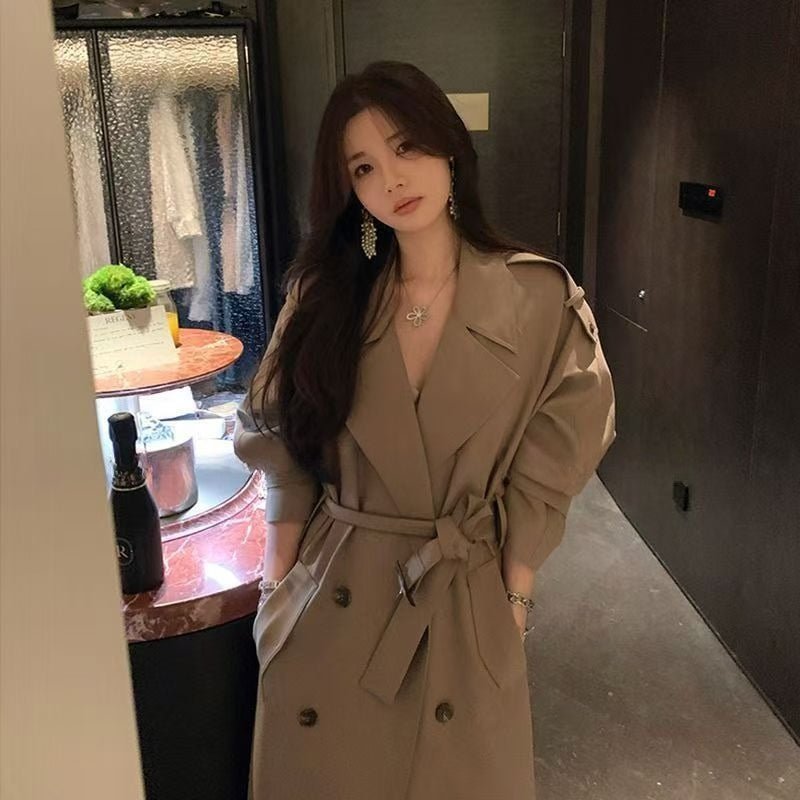 Oversized Mid - Length Trench Coat | Double - Breasted Cape Back Design(MS147) - Mariam's Collection