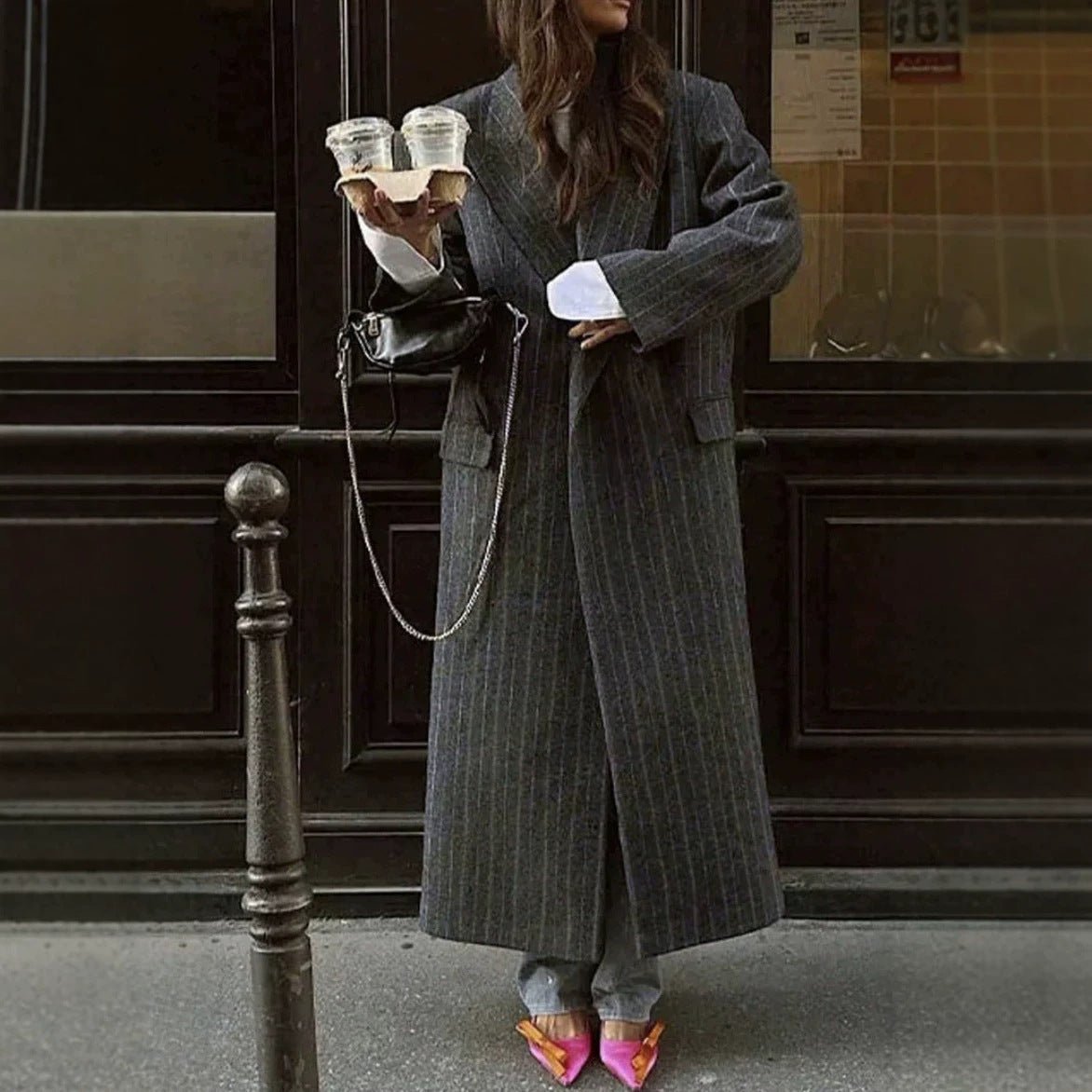 Oversized Pinstripe Maxi Coat(MS550) - Mariam's Collection