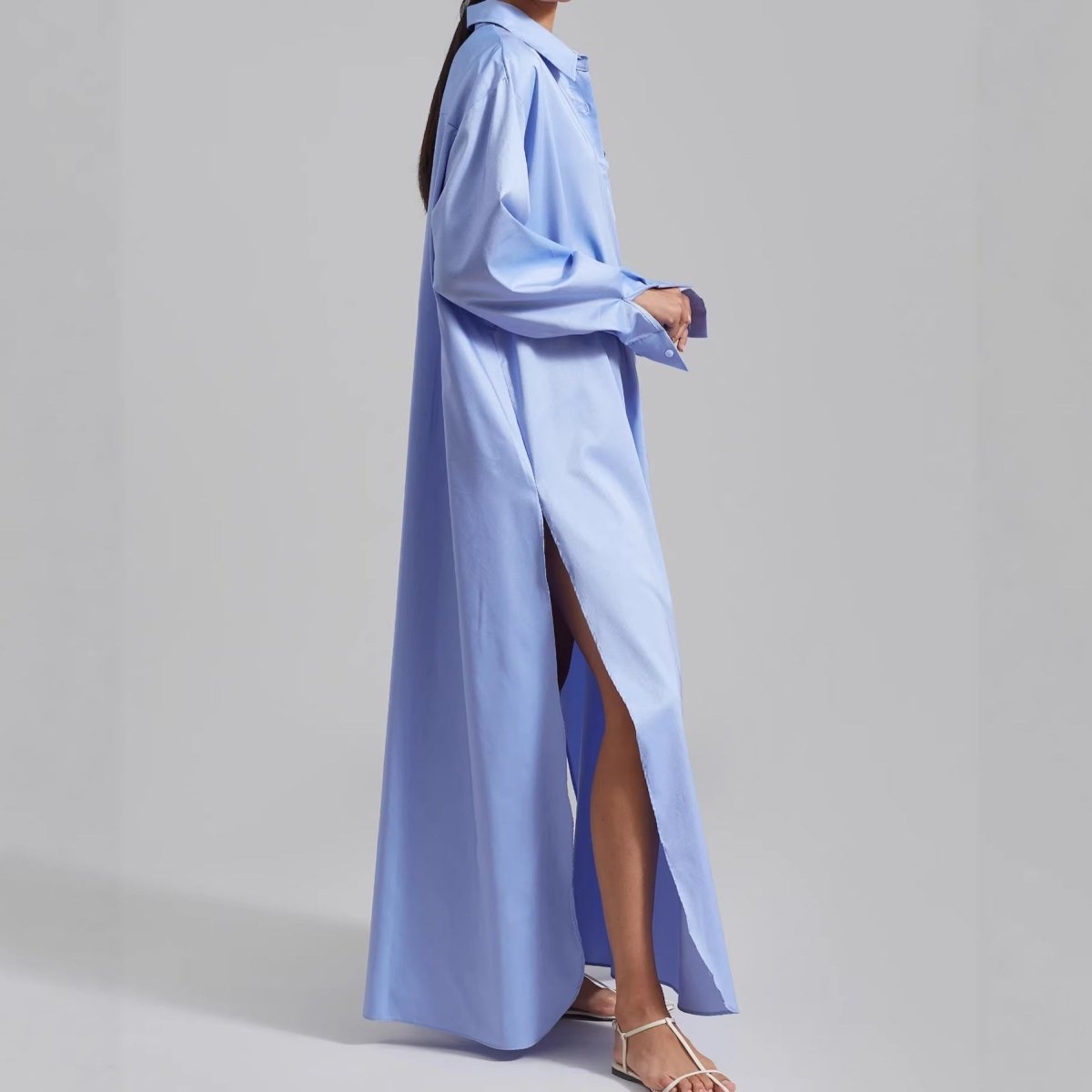 shirt dress with side slits The Daviston Side-Slit Midi Shirt Dress in Charcoal Large