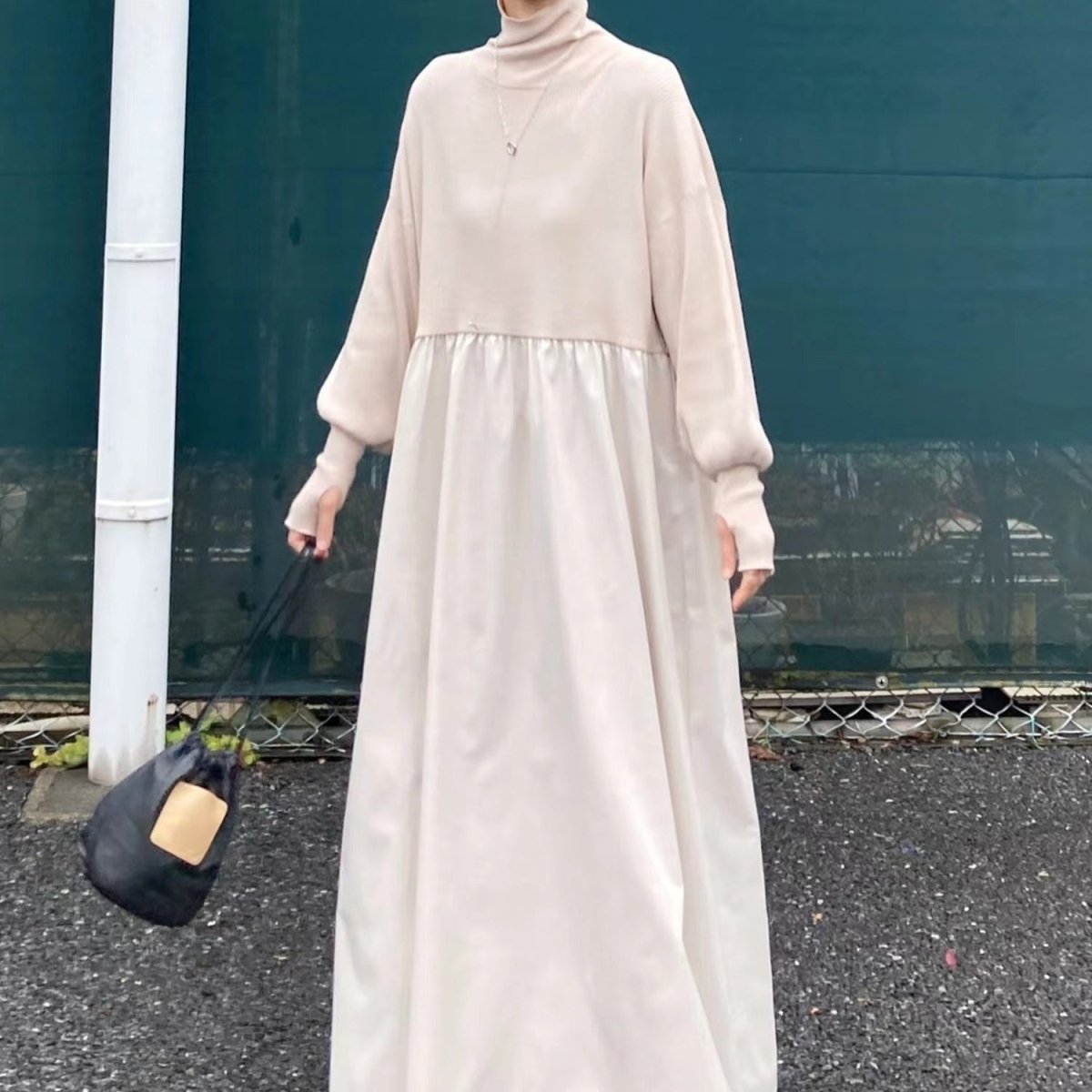 Oversized Turtleneck Maxi Dress | Bubble Sleeve Sweater Dress(MS180) - Mariam's Collection