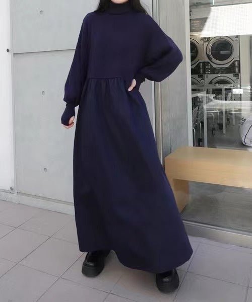 Oversized Turtleneck Maxi Dress | Bubble Sleeve Sweater Dress(MS180) - Mariam's Collection