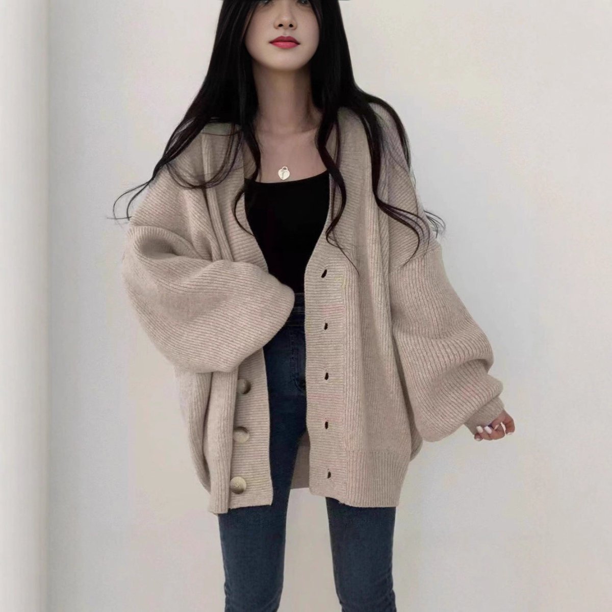 Oversized V - Neck Bubble Sleeve Cardigan(MS167) - Mariam's Collection