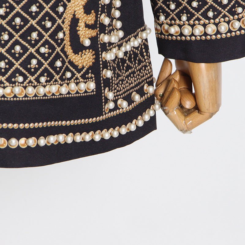 Pearl & Bead Embellished Vintage Blazer | Geometric Print Luxury Jacket(MS218) - Mariam's Collection