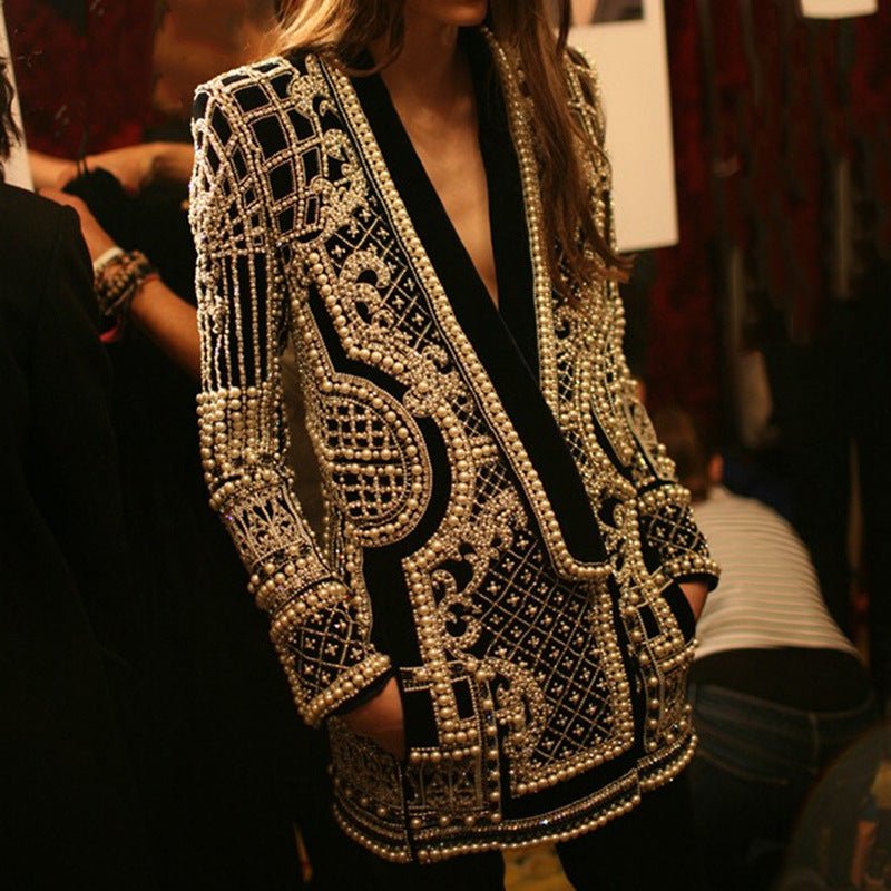 Pearl & Bead Embellished Vintage Blazer | Geometric Print Luxury Jacket(MS218) - Mariam's Collection