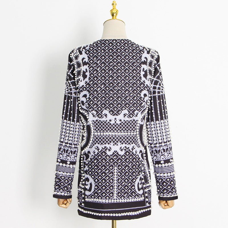 Pearl & Bead Embellished Vintage Blazer | Geometric Print Luxury Jacket(MS218) - Mariam's Collection