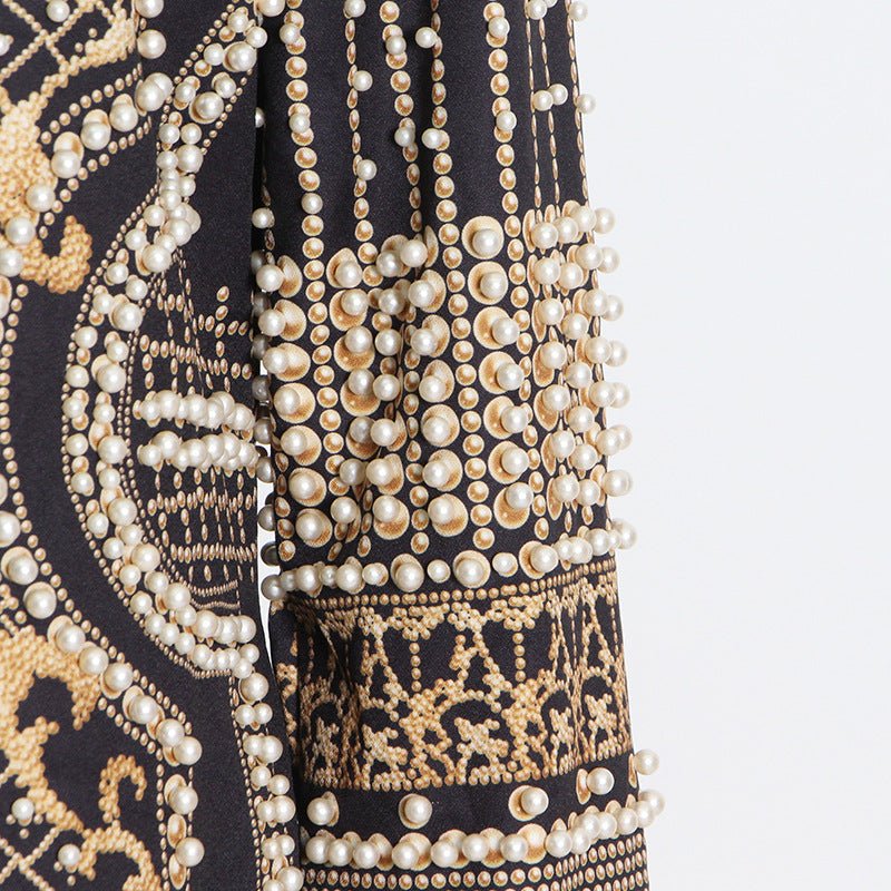 Pearl & Bead Embellished Vintage Blazer | Geometric Print Luxury Jacket(MS218) - Mariam's Collection