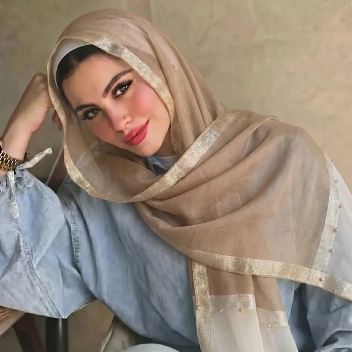 Pearl Beaded Gold Border Chiffon Hijab Shawl(MH236) - Mariam's Collection