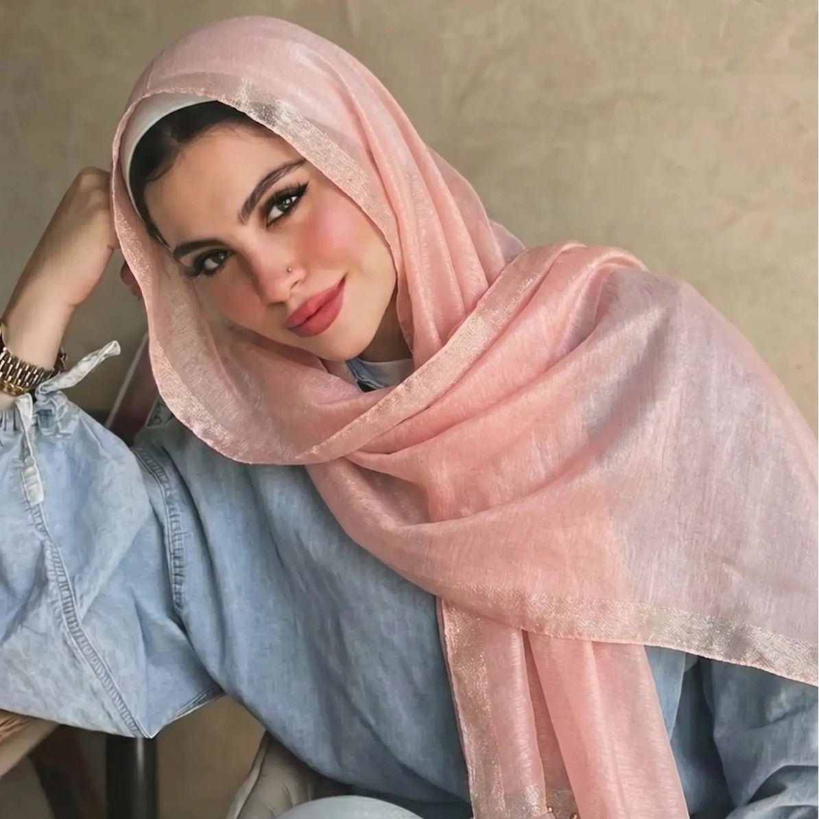 Pearl Beaded Gold Border Chiffon Hijab Shawl(MH236) - Mariam's Collection