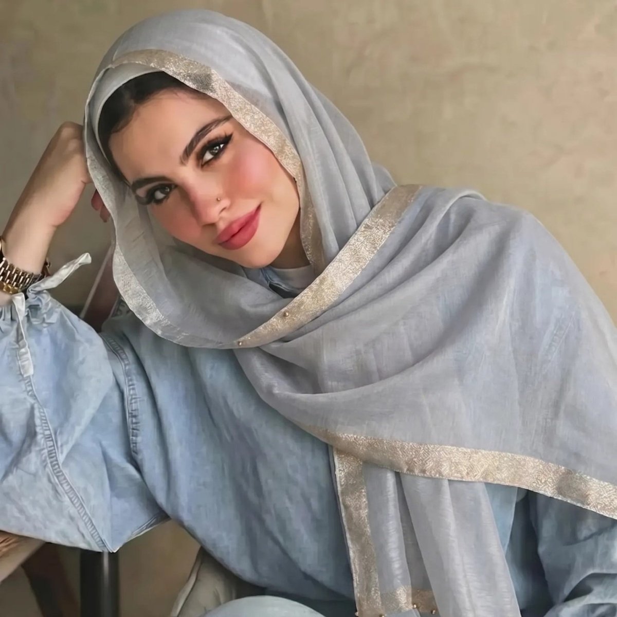 Pearl Beaded Gold Border Chiffon Hijab Shawl(MH236) - Mariam's Collection