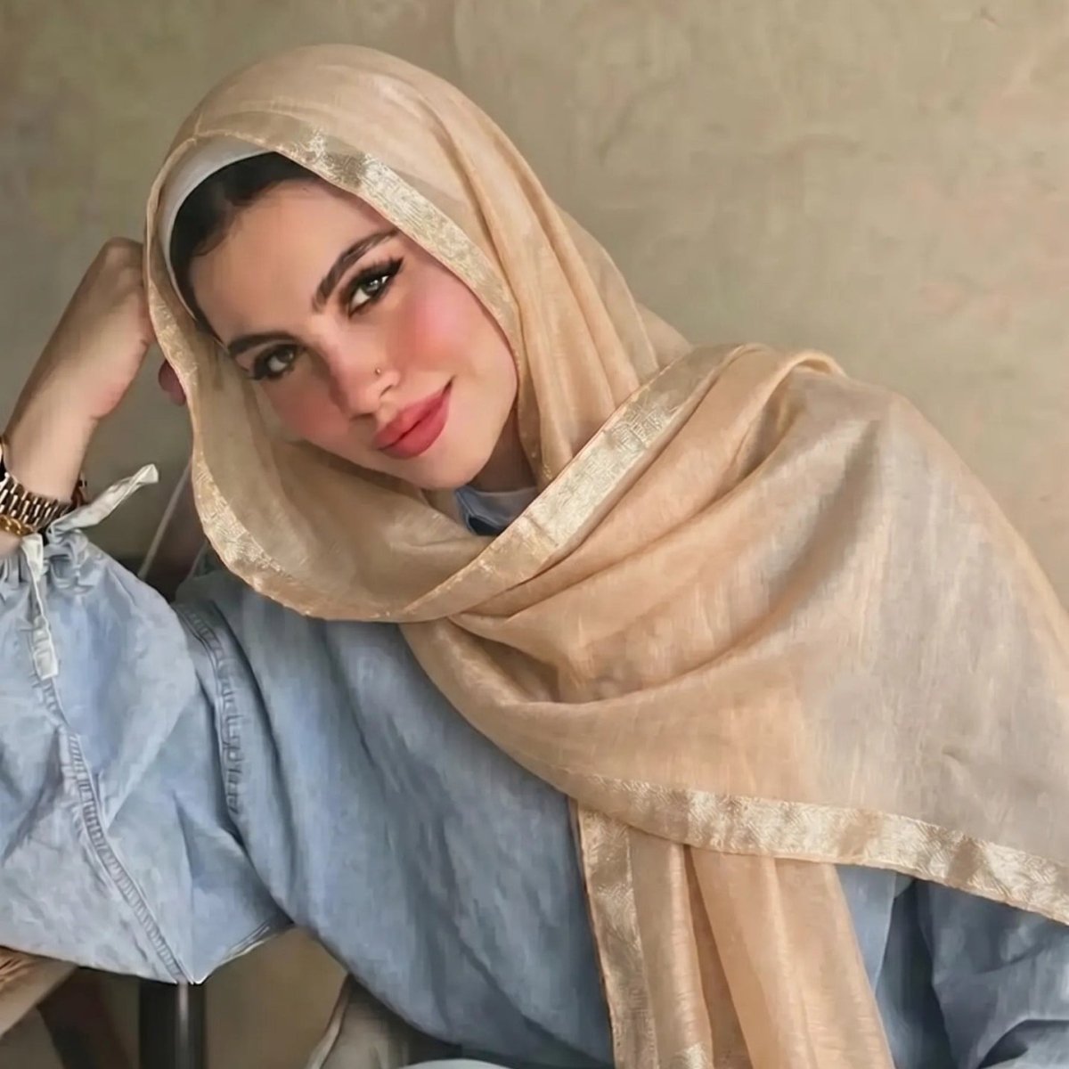 Pearl Beaded Gold Border Chiffon Hijab Shawl(MH236) - Mariam's Collection
