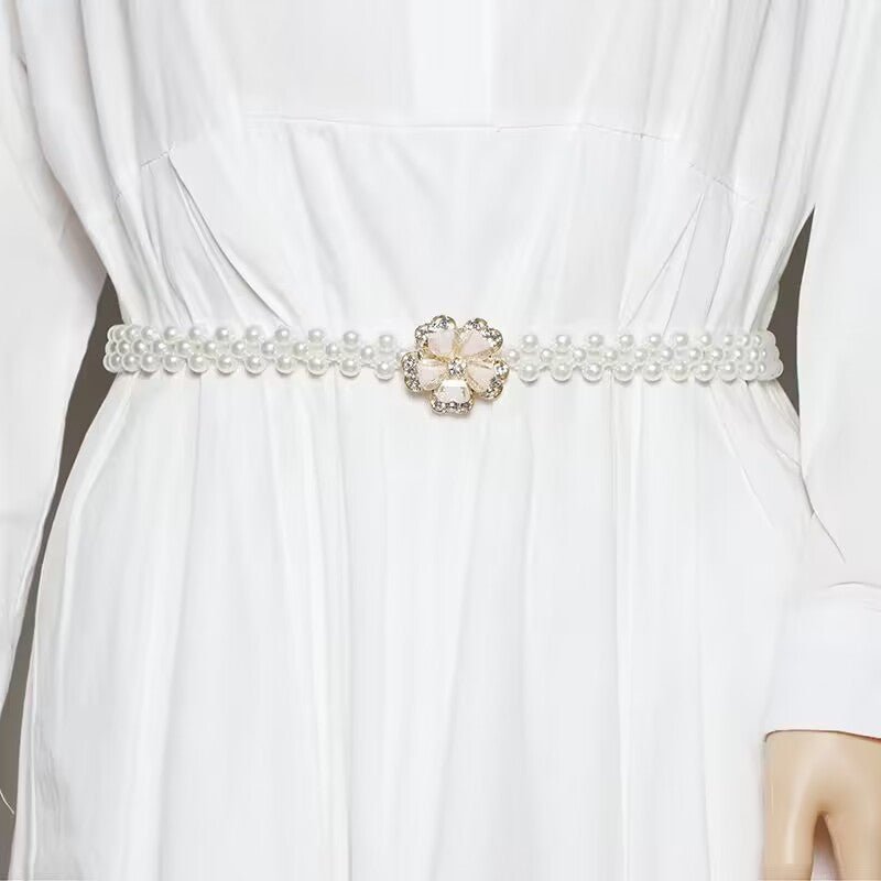 Pearl Elastic Waist Belt | Rhinestone Flower Stretch Belt(MAC362) - Mariam's Collection