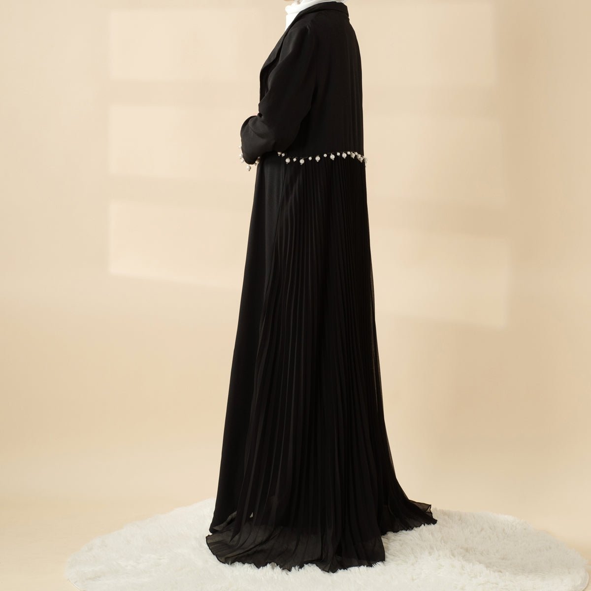 Pearl Embellished Accordion Pleat Back Open Abaya (MOA127) - Mariam's Collection