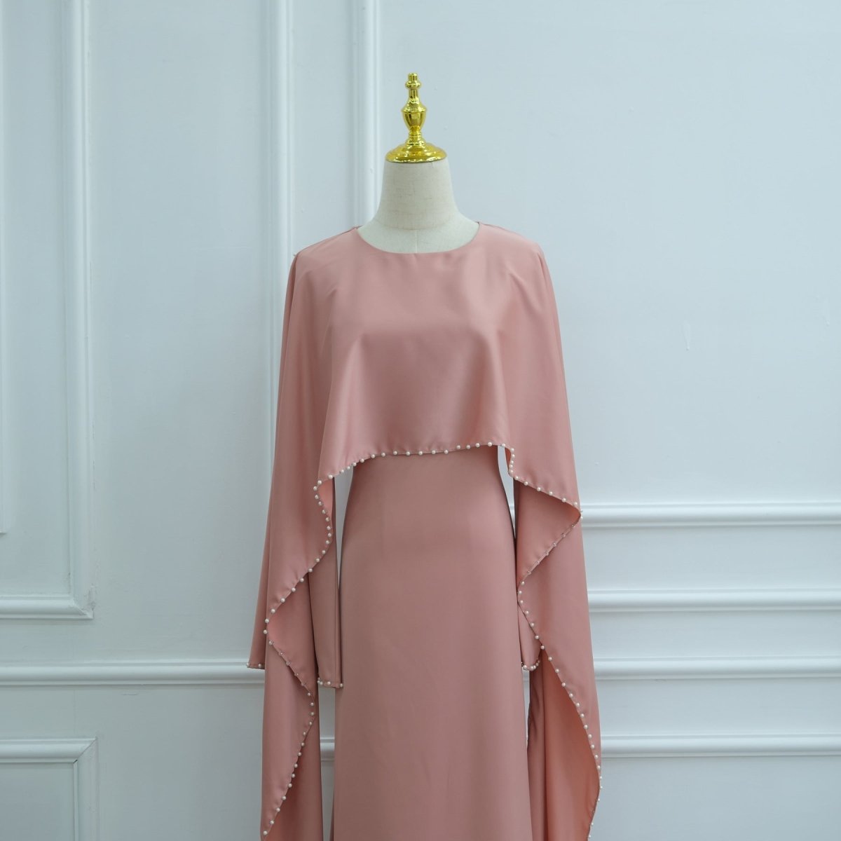 Pearl Embellished Kaftan Abaya | Luxury Cape Sleeve Maxi Dress(MA382) - Mariam's Collection