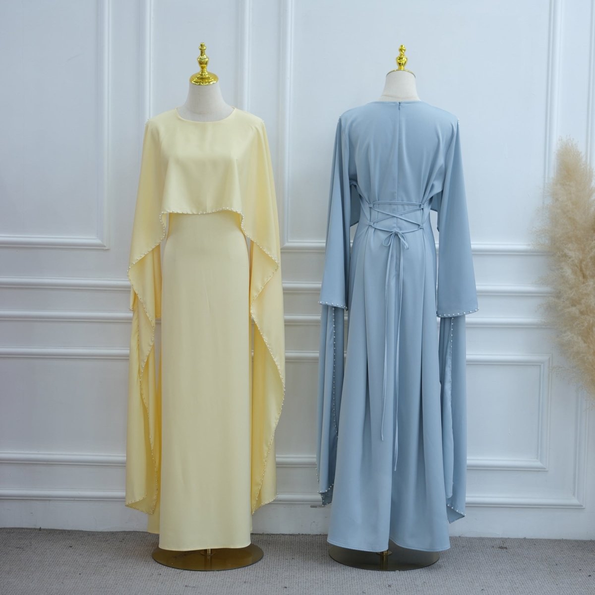 Pearl Embellished Kaftan Abaya | Luxury Cape Sleeve Maxi Dress(MA382) - Mariam's Collection