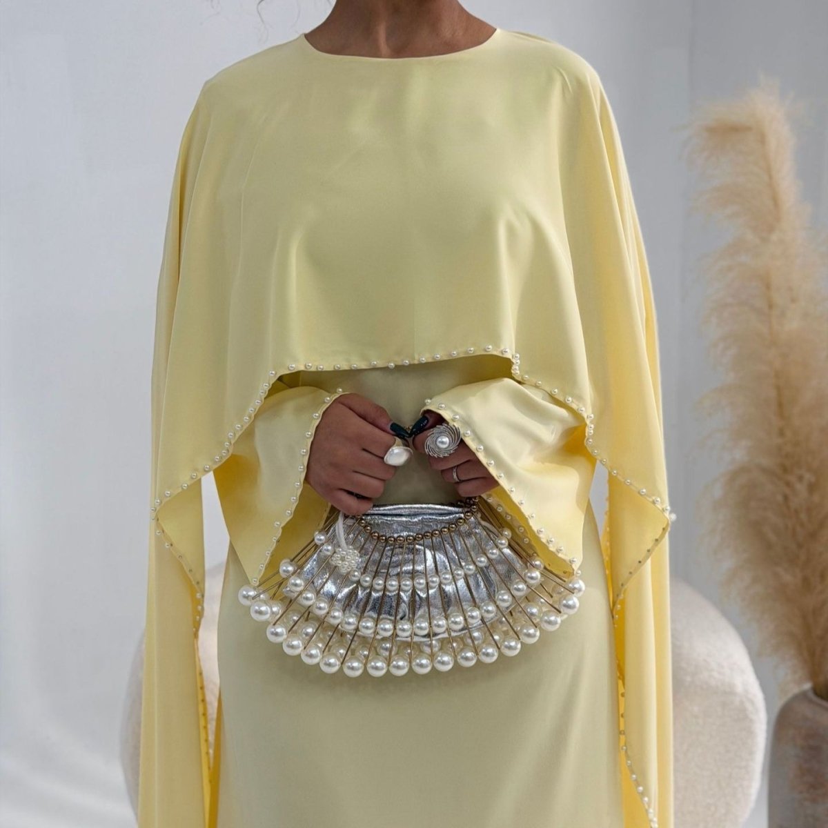 Pearl Embellished Kaftan Abaya | Luxury Cape Sleeve Maxi Dress(MA382) - Mariam's Collection