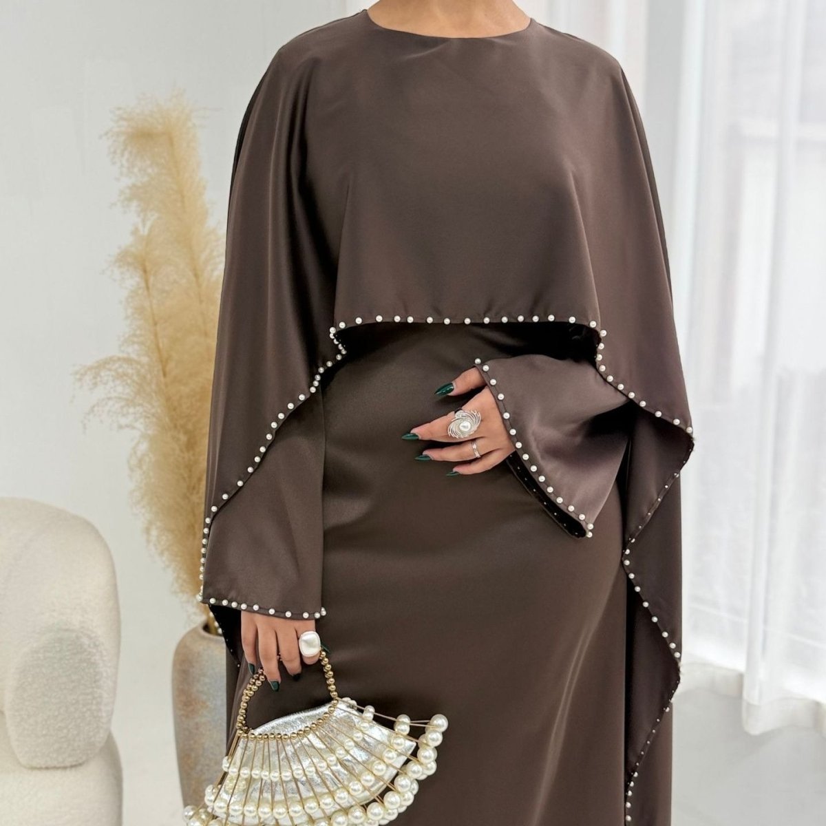 Pearl Embellished Kaftan Abaya | Luxury Cape Sleeve Maxi Dress(MA382) - Mariam's Collection