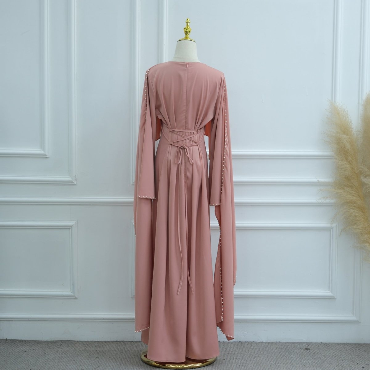 Pearl Embellished Kaftan Abaya | Luxury Cape Sleeve Maxi Dress(MA382) - Mariam's Collection