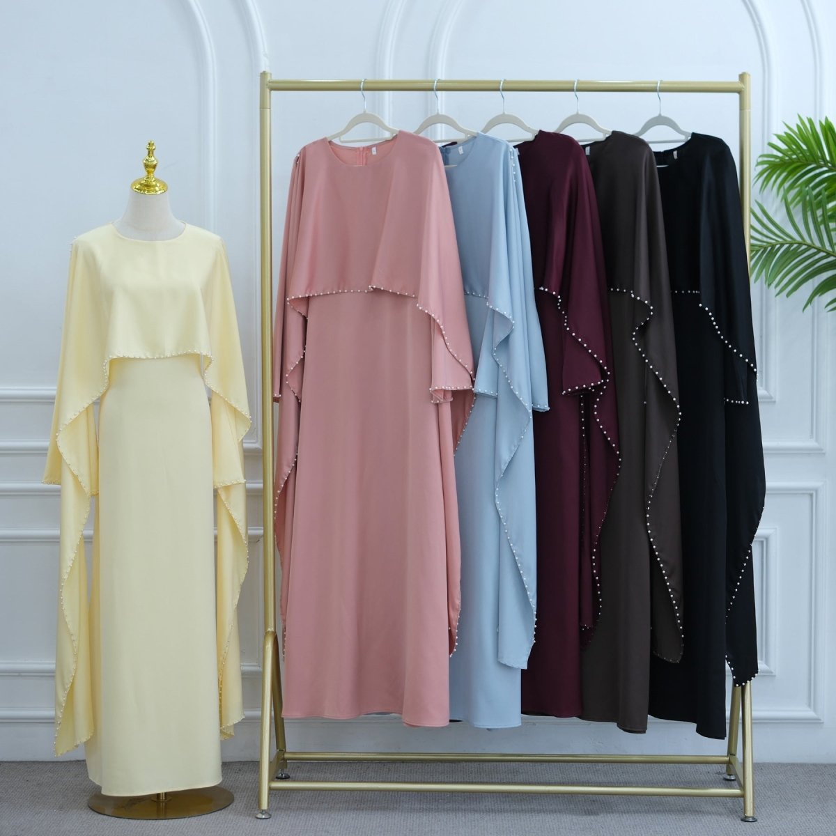 Pearl Embellished Kaftan Abaya | Luxury Cape Sleeve Maxi Dress(MA382) - Mariam's Collection