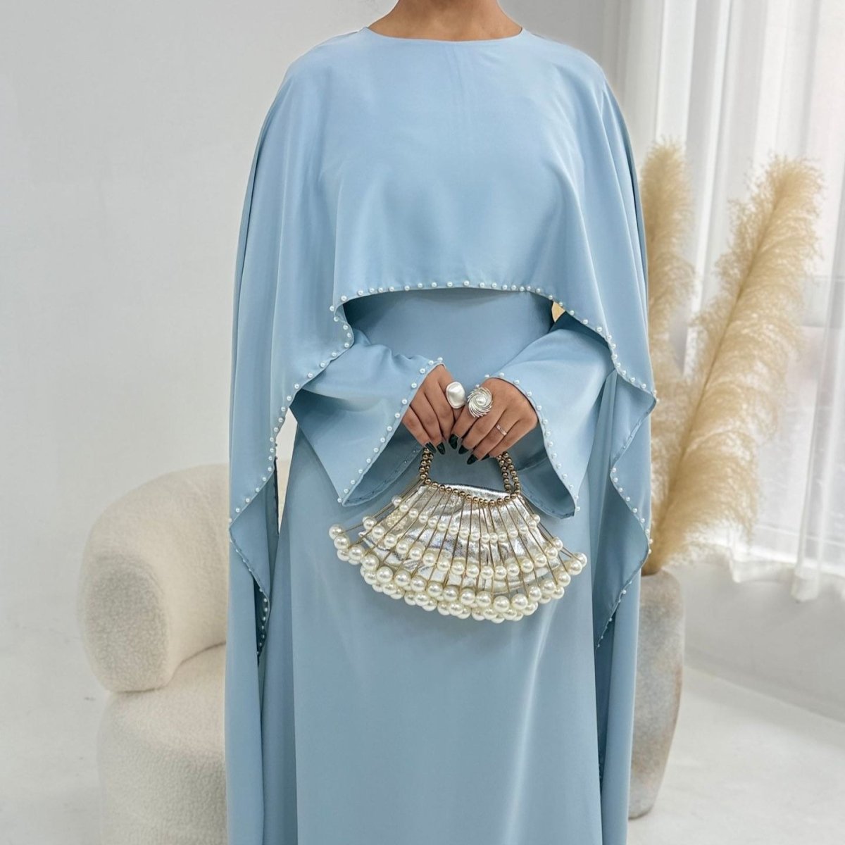 Pearl Embellished Kaftan Abaya | Luxury Cape Sleeve Maxi Dress(MA382) - Mariam's Collection