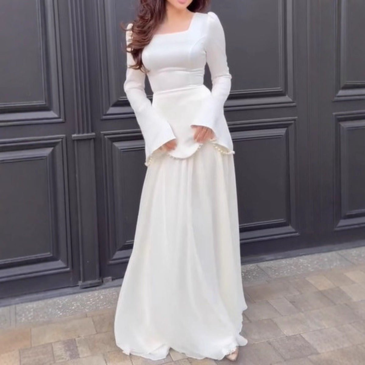 Pearl - Embellished Square Neck Maxi Dress | Modest Gowns with Long Sleeves(MA269) - Mariam's Collection