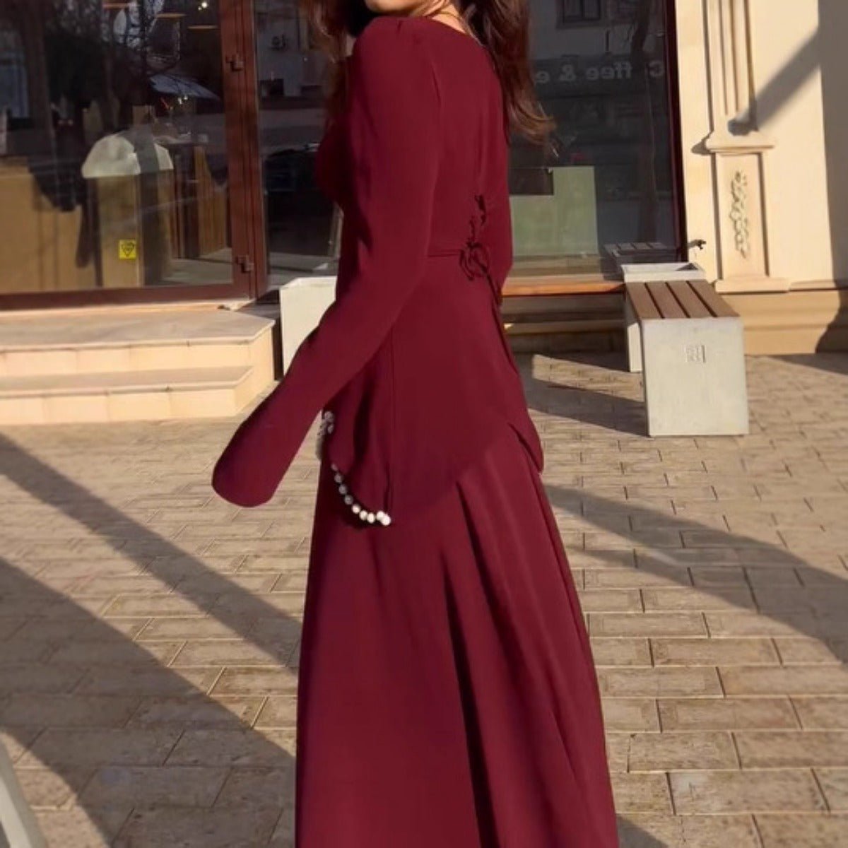 Pearl - Embellished Square Neck Maxi Dress | Modest Gowns with Long Sleeves(MA269) - Mariam's Collection