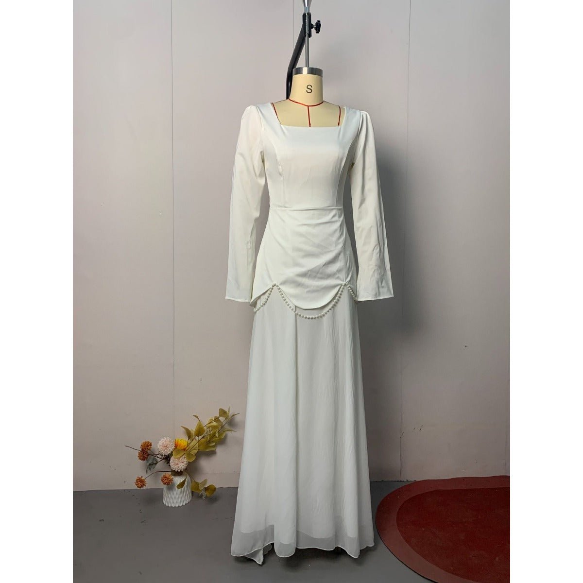 Pearl - Embellished Square Neck Maxi Dress | Modest Gowns with Long Sleeves(MA269) - Mariam's Collection