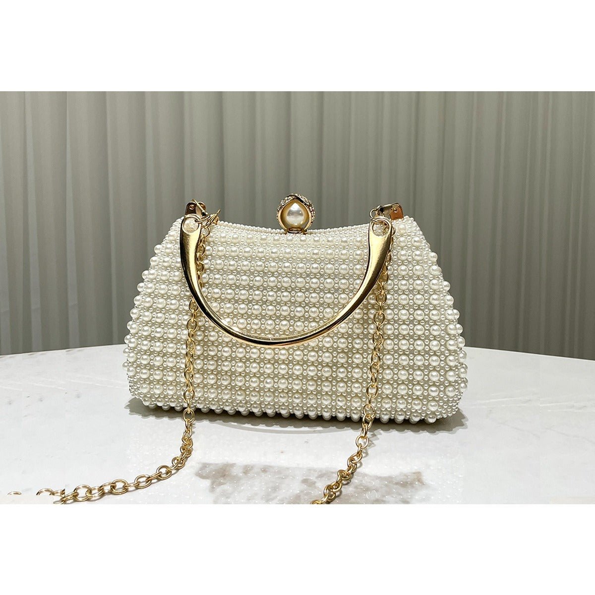 Pearl - Embellished Vintage - Inspired Beaded Box Bag Evening Clutch with Gold Accents. (MAC248) - Mariam's Collection