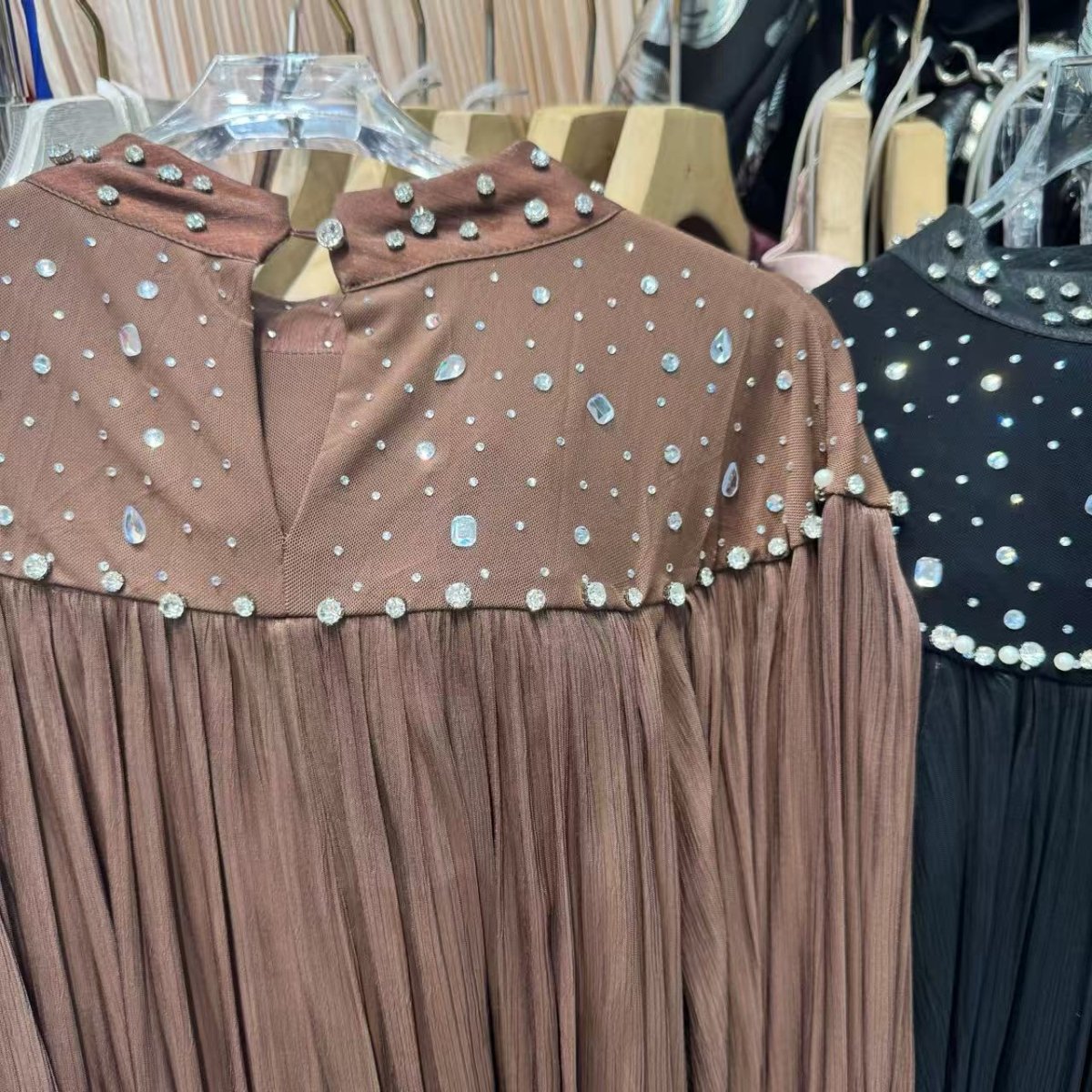 Chocolate brown pearl embellished maxi dress full silhouette