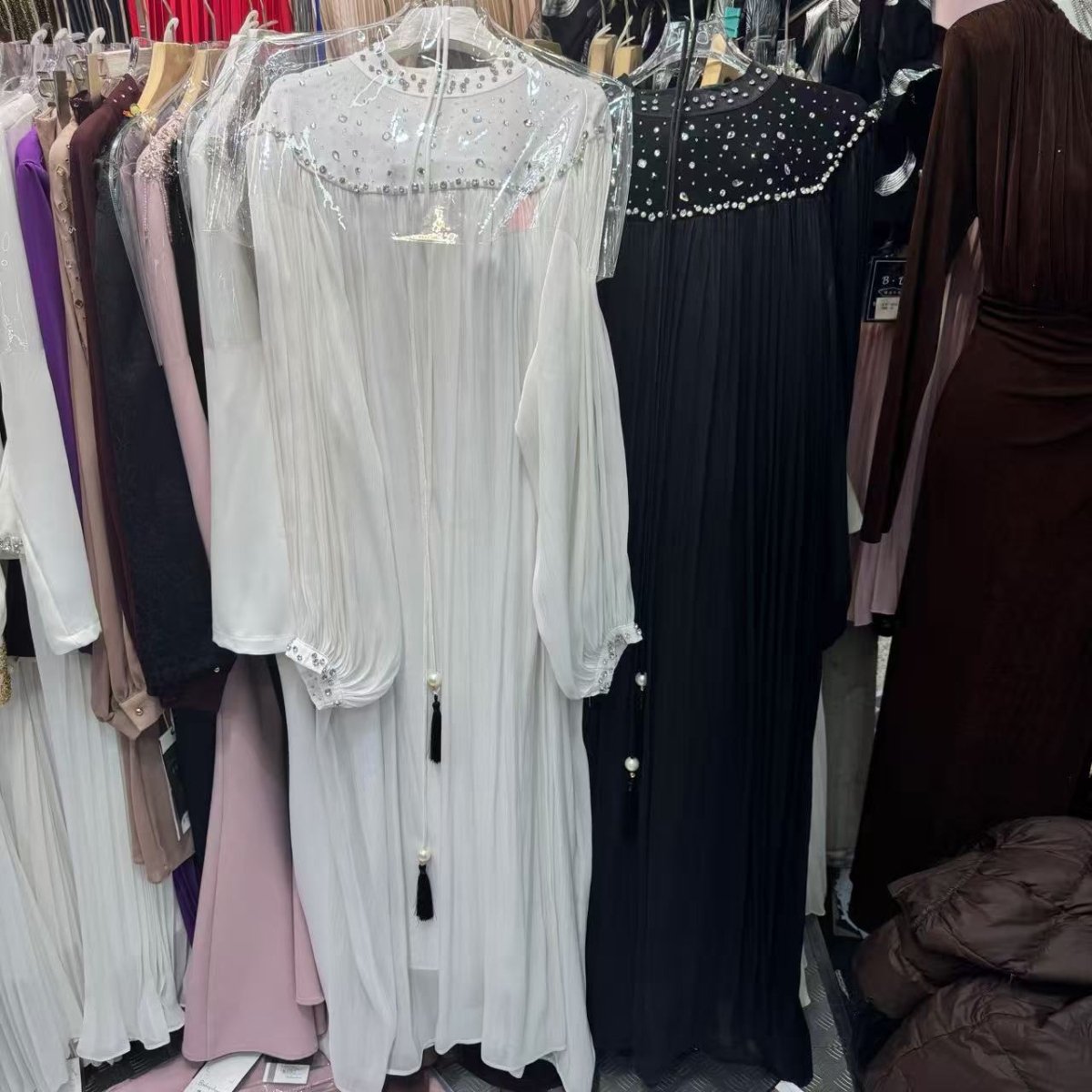 Classic black pearl yoke maxi dress for formal occasions