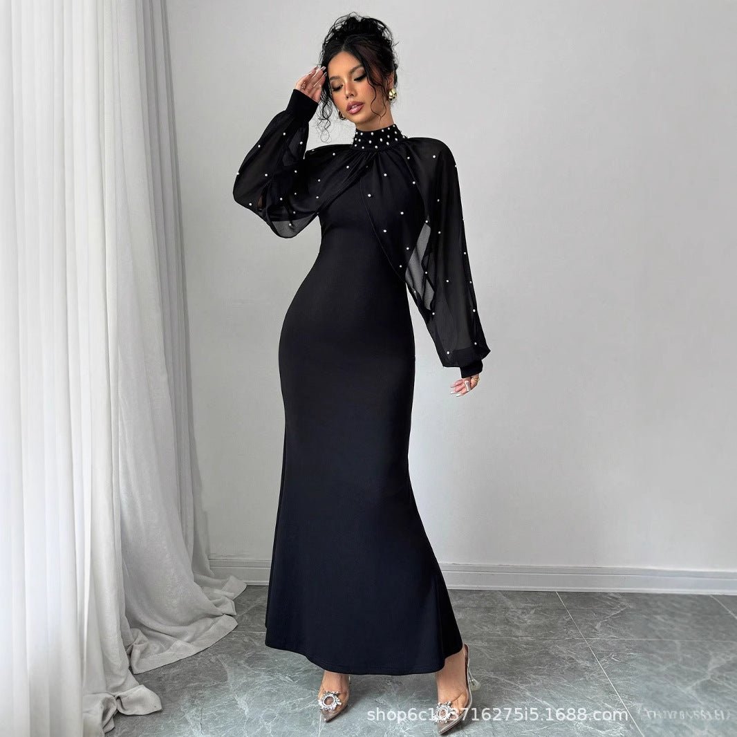 Pearl - Studded Dress with Sheer Puff Sleeves(MS328) - Mariam's Collection