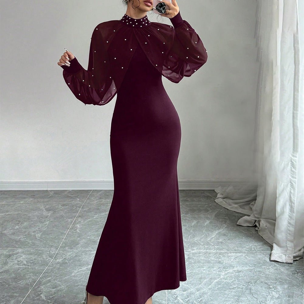 Pearl - Studded Dress with Sheer Puff Sleeves(MS328) - Mariam's Collection